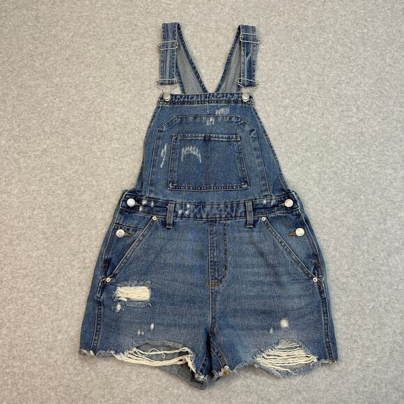 Wild Fable Short Overalls WMNS XS Medium Wash Distressed Denim Jean Bibs Shorts - Picture 1 of 8